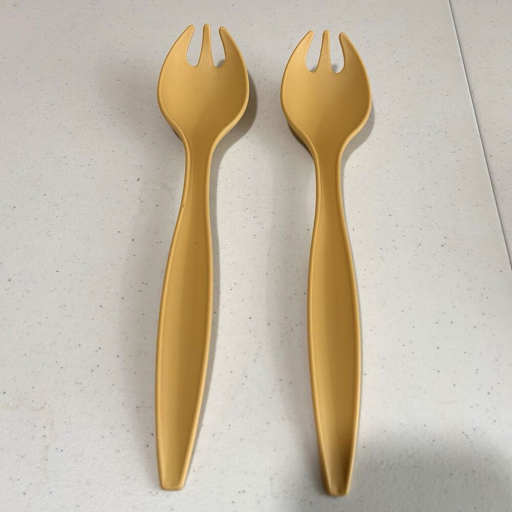 VTG 70s Tupperware Salad Tongs HARVEST GOLD Retro Utensils Sporks Set Of 2